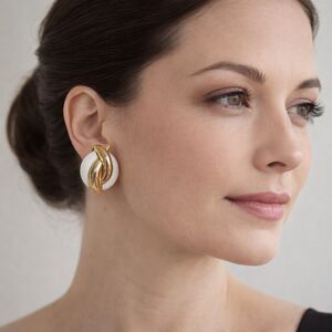 Vintage Gold & White Dome Earrings | Twisted Gold Accent | Elegant Statement